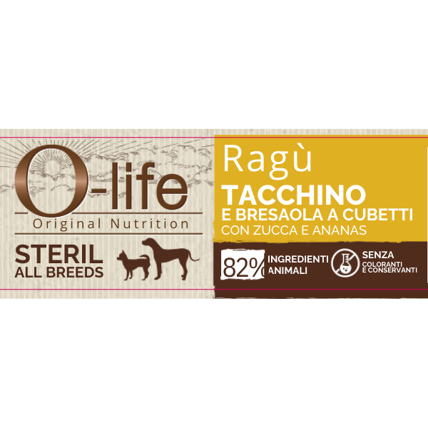 O-life Dog Adult Ragù Steril 150 gr - Tacchino e bresaola a cubetti con zucca e ananas