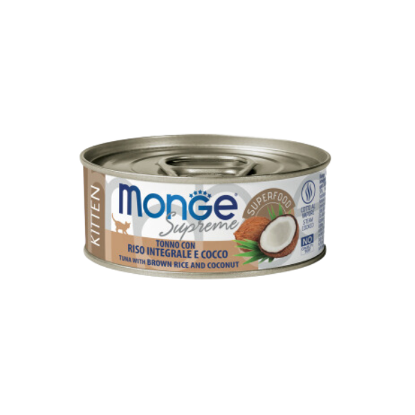 Monge Supreme Kitten in salsa lattina da 80 gr - Tonno con riso integrale e cocco Confezione da 24 pezzi