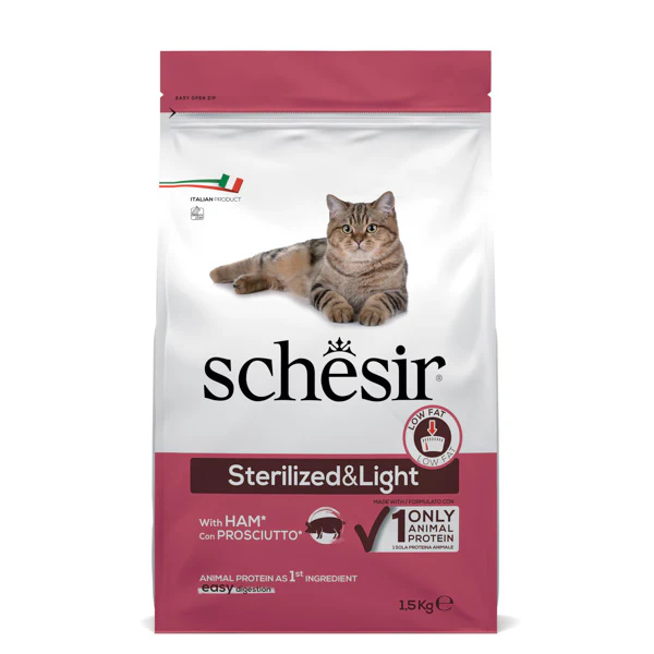 Image of Schesir Cat Dry Sterilized and Light Prosciutto - 1,5 kg - Cibo monoproteico gatto - SPEDIZIONE GRATIS 1° ORDINE + scegli lo sconto BZR5 / BZR20010