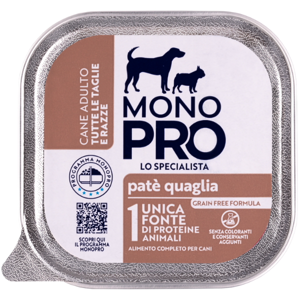 Image of Monopro lo specialista Adult All Breeds Patè Grain Free 150 gr - Quaglia - Umido Monoproteico Cane - SPEDIZIONE GRATIS 1° ORDINE + scegli lo sconto BZR5 / BZR20010