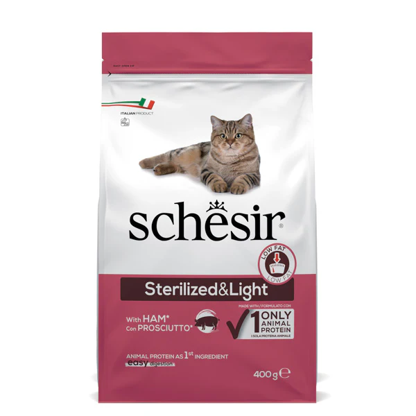 Schesir Cat Dry Sterilized and Light Prosciutto - 400 gr - Cibo monoproteico gatto - SPEDIZIONE GRATIS 1° ORDINE + scegli lo sconto BZR5 / BZR20