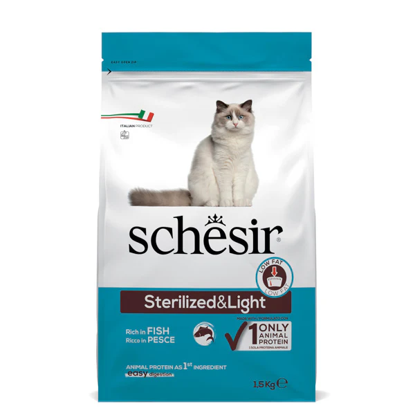 Image of Schesir Cat Dry Sterilised & Light Pesce - 1,5 kg - Cibo monoproteico gatto - SPEDIZIONE GRATIS 1° ORDINE + scegli lo sconto BZR5 / BZR20010