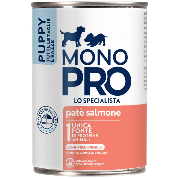 Image of Monopro lo specialista Puppy All Breeds Patè Grain Free 400 gr - Salmone - Umido Monoproteico Cane - SPEDIZIONE GRATIS 1° ORDINE + scegli lo sconto BZR5 / BZR20010