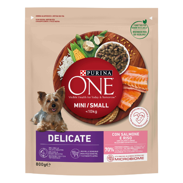 Purina One Dog Adult Mini/Small Delicate con Salmone e riso - 1,5 Kg - Croccantini per cani