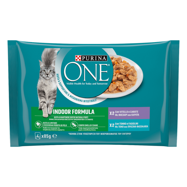 Purina One Indoor Cat Adult filettini in salsa multipack 4x85 gr - Vitello e carote - Tonno e fagiolini