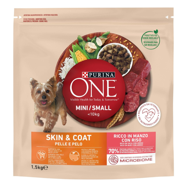 Purina One Dog Adult Mini/Small Skin & Coat ricco di Manzo e riso - 1,5 Kg - Croccantini per cani