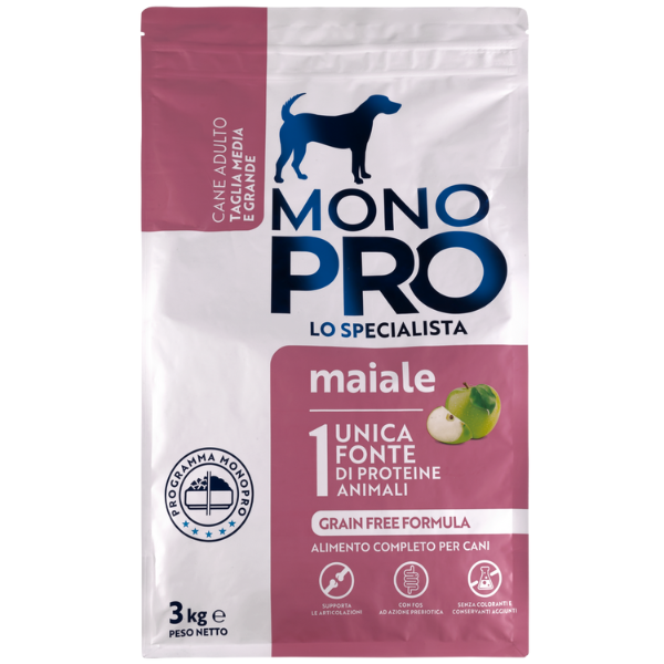 Image of Monopro lo specialista Adult Medium/Large Grain Free Maiale - 3 Kg Croccantini per cani Monoproteico crocchette cani