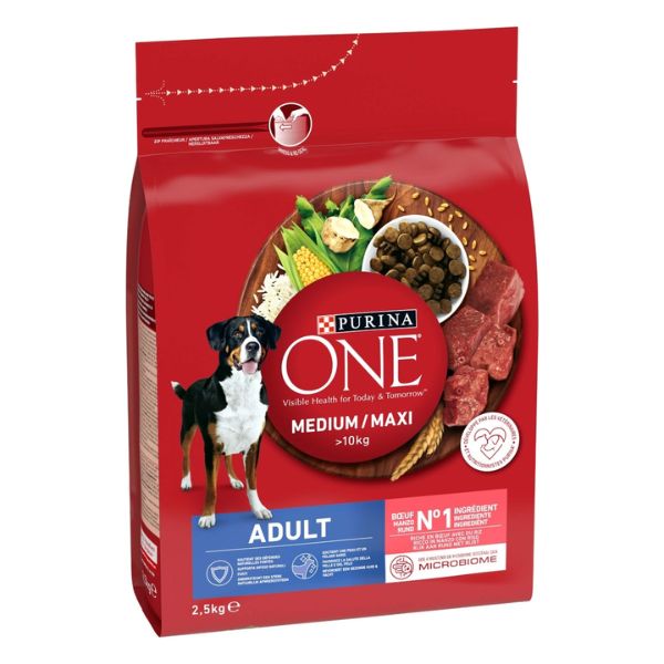 Purina One Dog Adult Medium/Maxi ricco di Manzo e riso - 2,5 Kg - Croccantini per cani