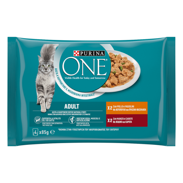 Purina One Cat Adult filettini in salsa multipack 4x85 gr - Pollo e fagiolini - Manzo e carote