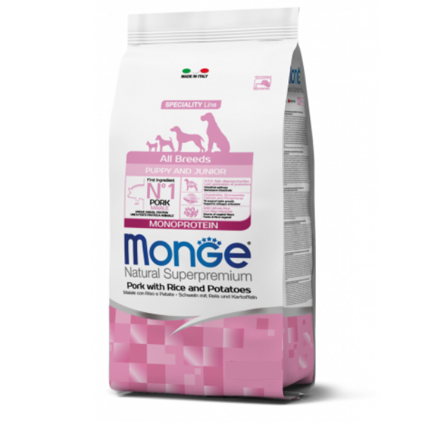 Monge Natural Superpremium All Breeds Puppy & Junior Monoprotein Maiale con Riso - 12 Kg