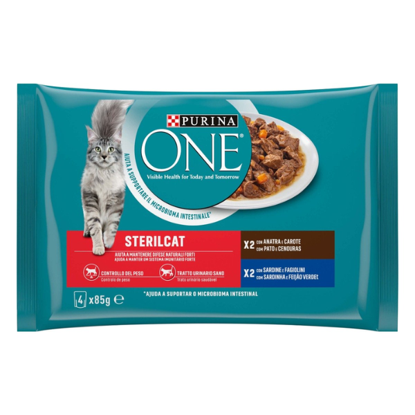 Purina One Cat Sterilised filettini in salsa multipack 4x85 gr - Salmone e carote - Tacchino e fagiolini