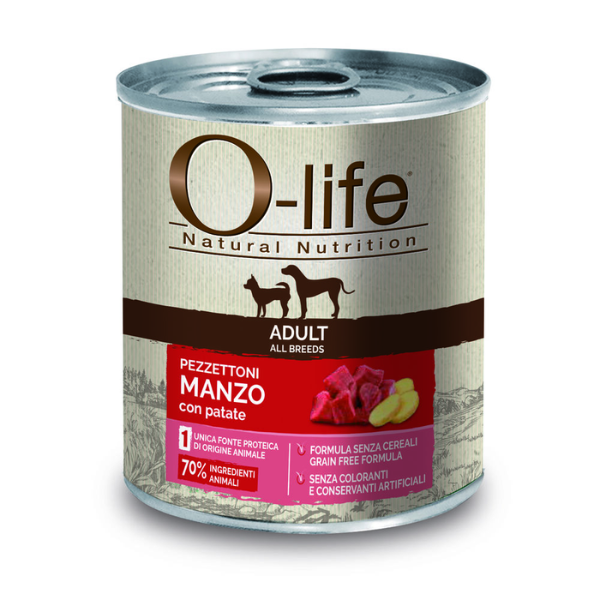 Image of O-life Dog Adult Grain Free Pezzettoni monoproteici 400 gr - Manzo e patate - Umido Monoproteico Cane - SPEDIZIONE GRATIS 1° ORDINE + scegli lo sconto BZR5 / BZR20010