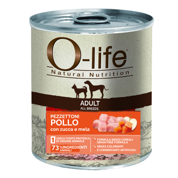 O-life Dog Adult Grain Free Pezzettoni monoproteici 400 gr - Pollo, zucca e mela - Umido Monoproteico Cane