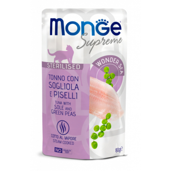 Monge Supreme Sterilised in salsa bustina da 80 gr - Tonno con sogliola e piselli Confezione da 24 pezzi