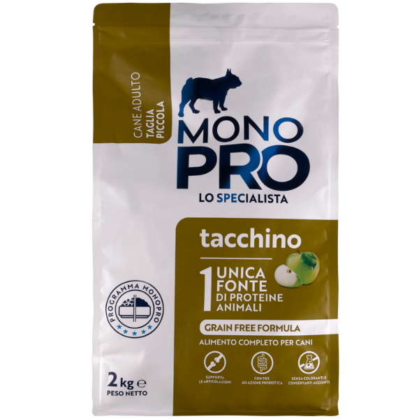 Monopro lo specialista Adult Mini Grain Free Tacchino - Tacchino da 2 Kg - Crocchette Monoproteiche Cane