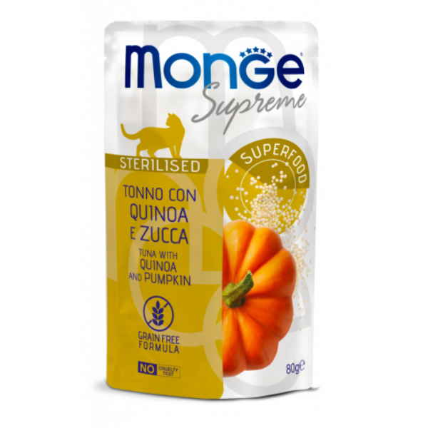 Monge Supreme Sterilised in salsa bustina da 80 gr - Tonno con quinoa e zucca Confezione da 24 pezzi