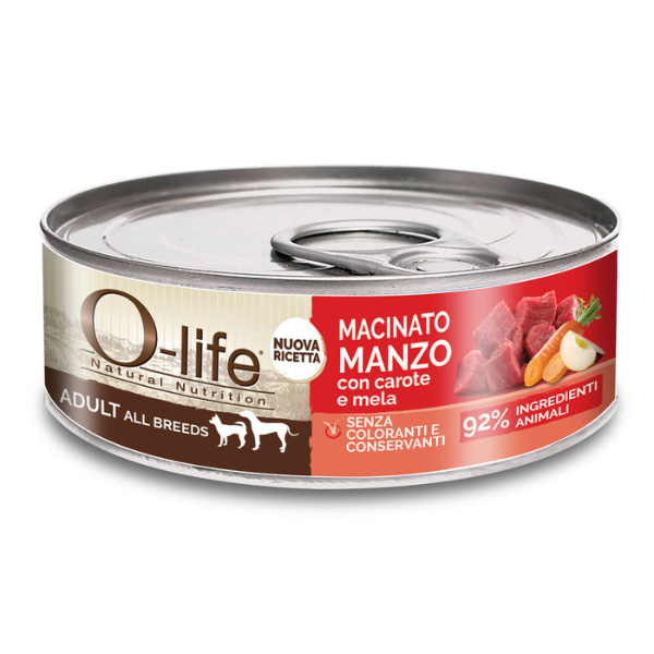 Image of O-life Dog Adult All Breeds Macinato 85 gr - Manzo con Carote e Mela - Cibo Umido per Cani - SPEDIZIONE GRATIS 1° ORDINE + scegli lo sconto BZR5 / BZR20010