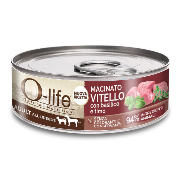 Image of O-life Dog Adult All Breeds Macinato 85 gr - Vitello con Basilico e Timo - Cibo Umido per Cani - SPEDIZIONE GRATIS 1° ORDINE + scegli lo sconto BZR5 / BZR20010