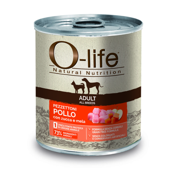 Image of O-life Dog Adult Grain Free Pezzettoni monoproteici 400 gr - Pollo, zucca e mela - Umido Monoproteico Cane - SPEDIZIONE GRATIS 1° ORDINE + scegli lo sconto BZR5 / BZR20010