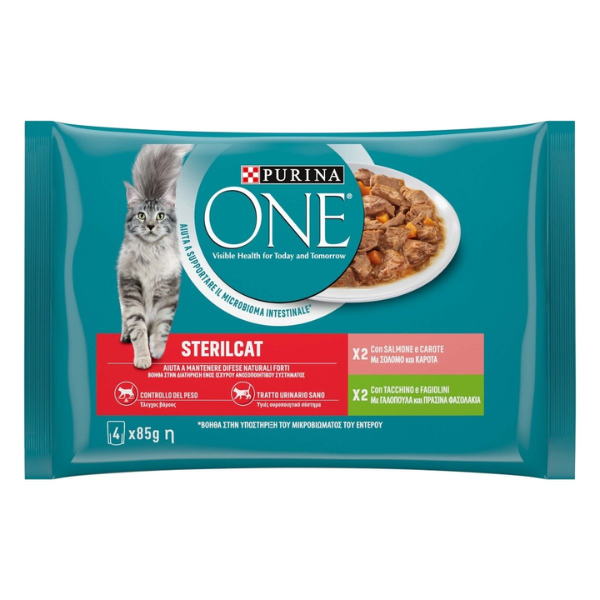 Purina One Cat Sterilised filettini in salsa multipack 4x85 gr - Anatra e carote - Sardine e fagiolini