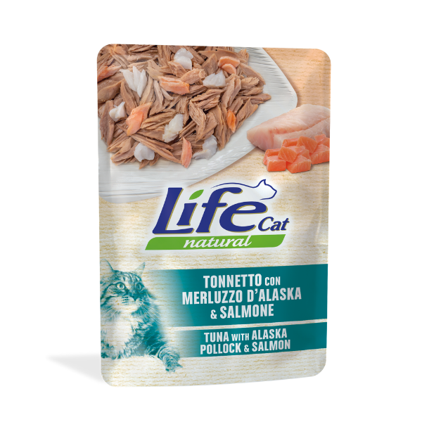 Life Cat Natural Bustine 70 gr - Tonnetto con merluzzo dell'Alaska e salmone Confezione da 30 pezzi