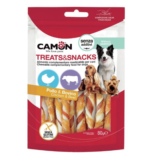 Camon Treats e Snacks per cani - Rolls bicolore di pelle bovina e suina con pollo - 80 gr