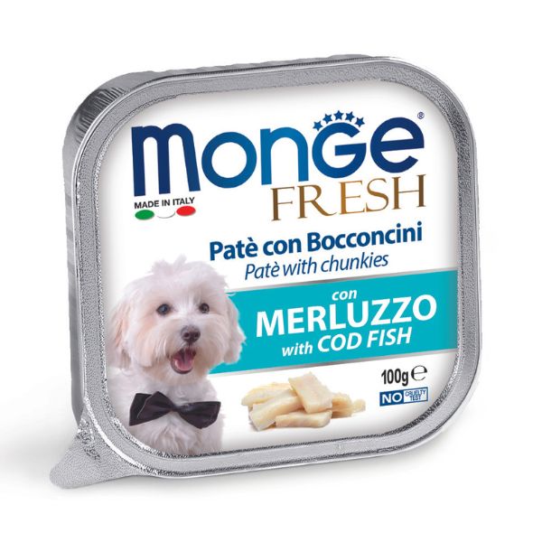 Monge Fresh Adult Patè con bocconcini 100 gr - Bocconcini con Merluzzo Confezione da 32 pezzi