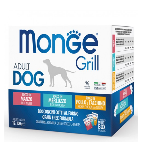 Monge Grill Grain Free Adult Dog Multipack 12x100g - Manzo - Merluzzo - Pollo - SPEDIZIONE GRATIS 1° ORDINE + scegli lo sconto BZR5 / BZR20