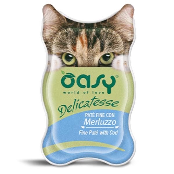 Image of Oasy Delicatesse 85 gr - Paté con Merluzzo - Confezione da 18 pezzi - Cibo umido per gatti - SPEDIZIONE GRATIS 1° ORDINE + scegli lo sconto BZR5 / BZR20010