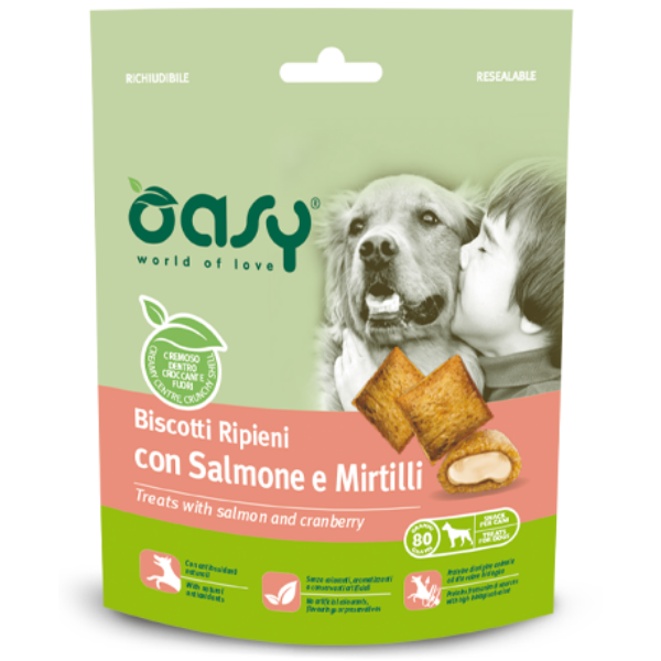 Oasy Dog Biscotti Ripieni 80 gr - Salmone e Mirtilli