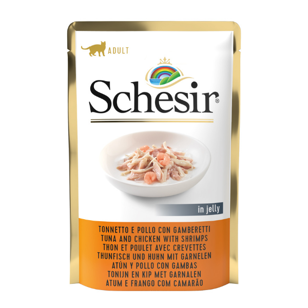 Schesir Cat Soft Adult 85 gr - Tonnetto e Pollo con Gamberetti Confezione da 20 pezzi - Cibo umido per gatti